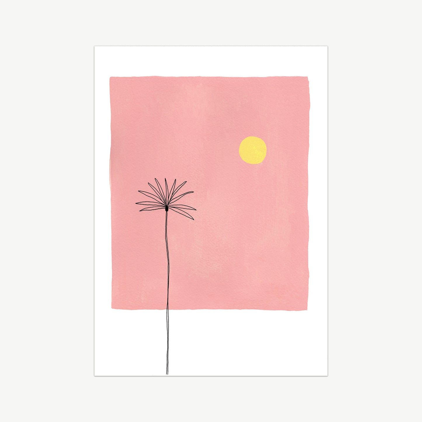 Pink Sunset with a yellow sun painted with gouache, with a black line drawing of a palm tree