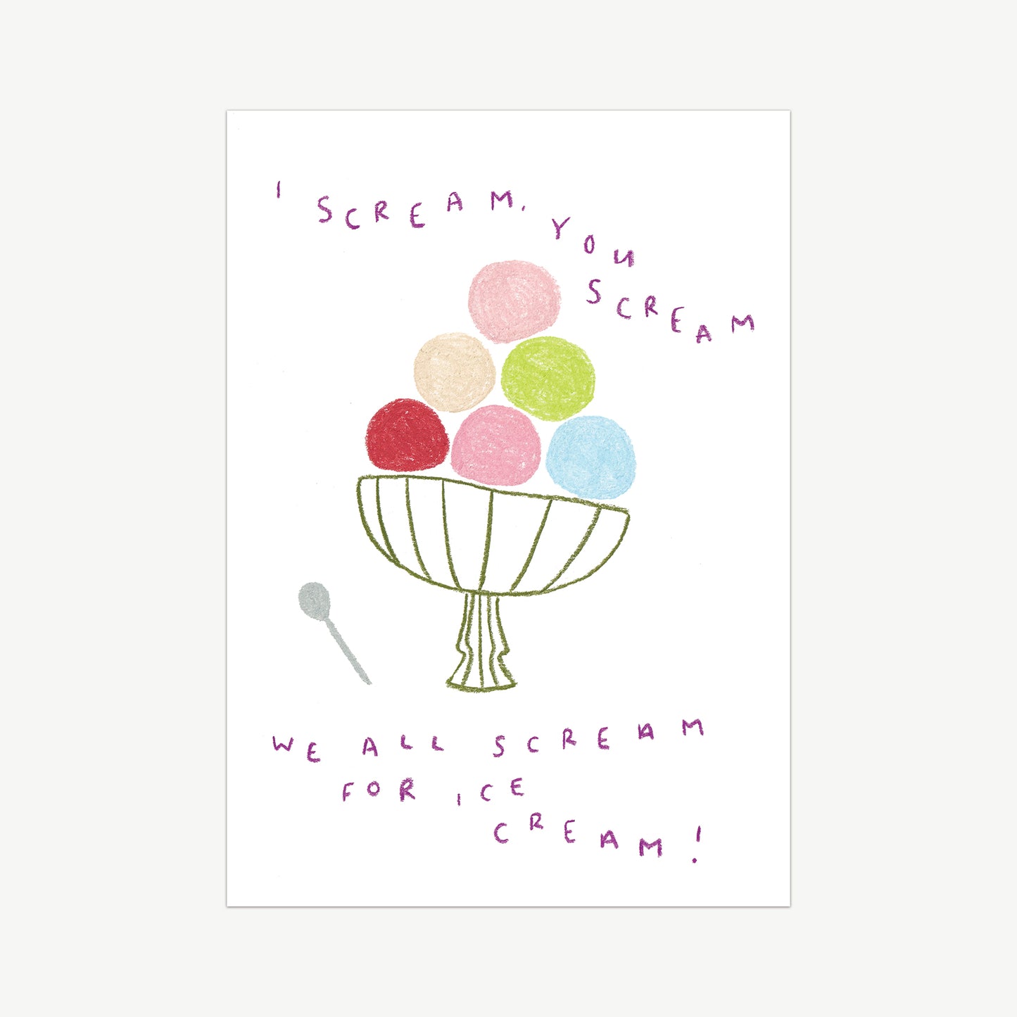 Ice Cream scoops in multiple colours, in a green sundae glass, with the words from the rhythm scream for ice cream in purple. Drawn in pastel pencils