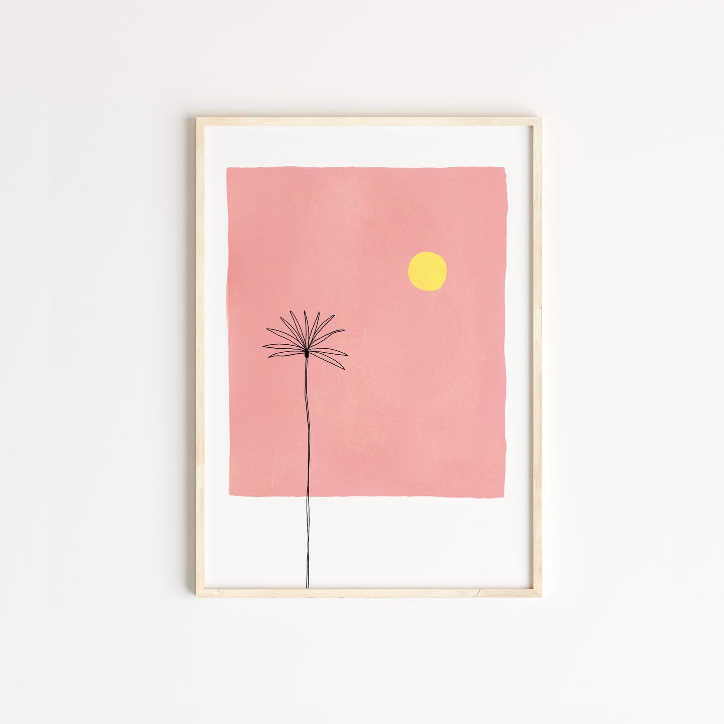 Pink Sunset with a yellow sun painted with gouache, with a black line drawing of a palm tree. Displayed in Oak Frame