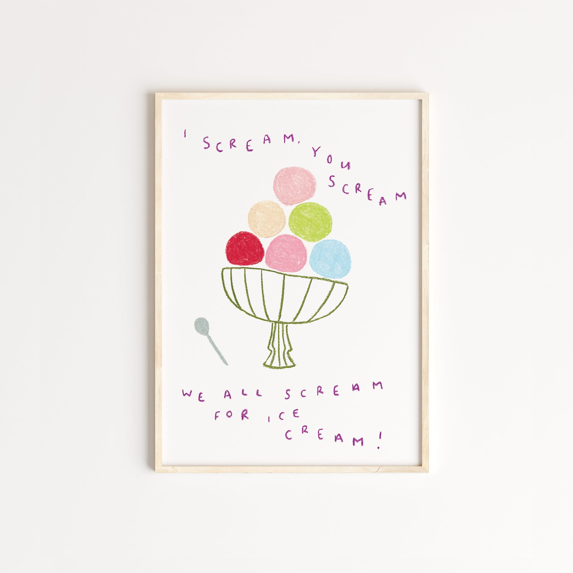 Ice Cream scoops in multiple colours, in a green sundae glass, with the words from the rhythm scream for ice cream in purple. Drawn in pastel pencils. Displayed in an oak frame